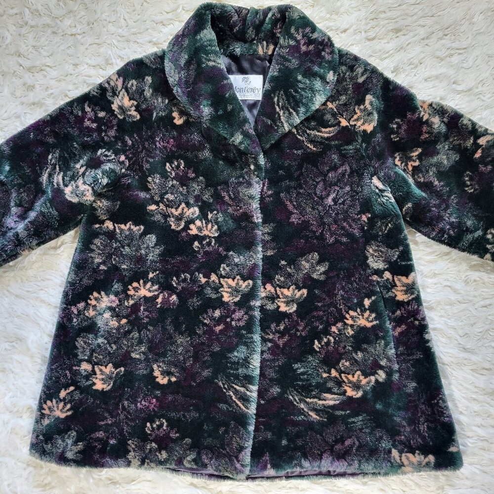 Vintage Monterey Fashions Faux Fur Black Leaf Swing Coat Jacket Medium - Picture 2 of 15